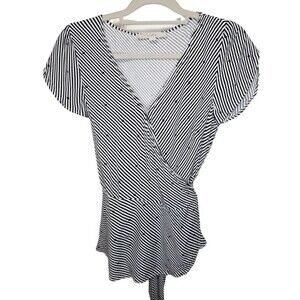 Anne Taylor Loft Black and White Striped Wrap Cap Sleeve Blouse - S
